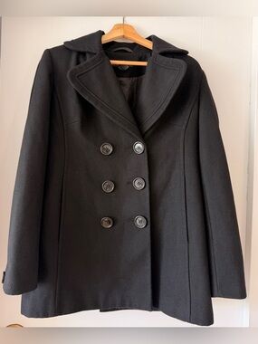 New York & Company Classic Black Double-Breasted Wool Blend Peacoat - Women